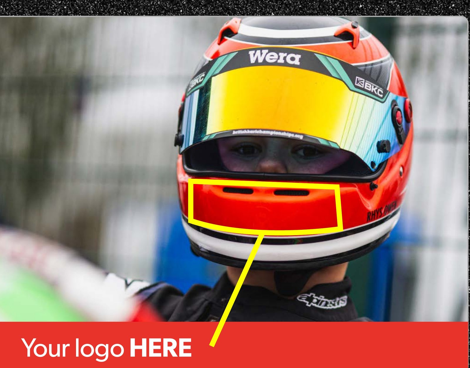 Branding placement example on the race helmet